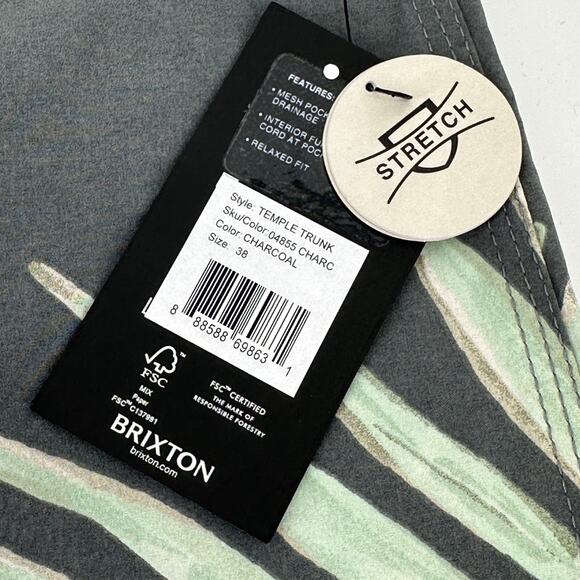 Brixton Temple Swim Trunks Mens Size 38 Tropical Fern Print 18" - Picture 6 of 7